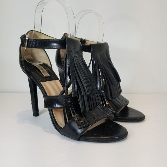 UTERQUE SPAIN FRINGE LEATHER ANKLE STRAP STILETTO HEELS BLK EUR 38 US 8 - Picture 3 of 10